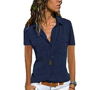 Womens Short Sleeve Shirts V Neck Collared Button Down Shirt Tops with Pockets