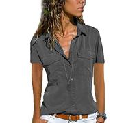 Womens Short Sleeve Shirts V Neck Collared Button Down Shirt Tops with Pockets