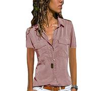 Womens Short Sleeve Shirts V Neck Collared Button Down Shirt Tops with Pockets