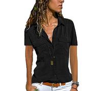 Womens Short Sleeve Shirts V Neck Collared Button Down Shirt Tops with Pockets