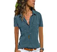 Womens Short Sleeve Shirts V Neck Collared Button Down Shirt Tops with Pockets