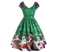 Womens Short Sleeve Vintage Santa Christmas Printed Dress Ladies Lace Dress Vestido Nochevieja Mujer Lentejuelas (Green, L)