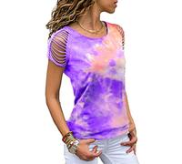 Women's Simple Crewneck Off Shoulder Short Sleeve T-Shirt Casual Solid Tie Dye Pullover Tops Shirts
