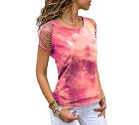 Women's Simple Crewneck Off Shoulder Short Sleeve T-Shirt Casual Solid Tie Dye Pullover Tops Shirts