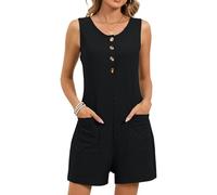 Women's Sleeveless Button Down Romper Casual Textured Jumpsuit with Pockets Loose Fit Summer Beach Vacation One Piece Outfit Navy Blue