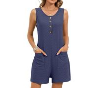 Women's Sleeveless Button Down Romper Casual Textured Jumpsuit with Pockets Loose Fit Summer Beach Vacation One Piece Outfit Navy Blue
