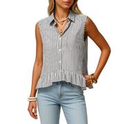 Women's Sleeveless Button Down Shirt Summer Casual Striped Blouse with Ruffle Hem Lightweight Linen Look Tank Top for Beach Vacation Fashion