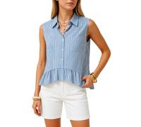 Women's Sleeveless Button Down Shirt Summer Casual Striped Blouse with Ruffle Hem Lightweight Linen Look Tank Top for Beach Vacation Fashion