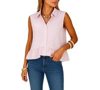 Women's Sleeveless Button Down Shirt Summer Casual Striped Blouse with Ruffle Hem Lightweight Linen Look Tank Top for Beach Vacation Fashion