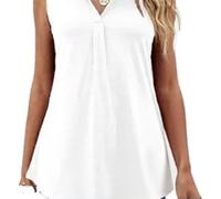 Women's Sleeveless Collared Blouse Summer Casual Pleated V Neck Tank Top Solid Color Flowy Chiffon Shirt for Work Beach Vacation Loose Fit Tunic Tops