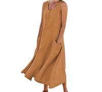 Women's Sleeveless Cotton and Linen Dress, (S-5XL) Plus Size Loose Casual Dresses Cotton with Pockets, Elegant Flowy (Braun,M)