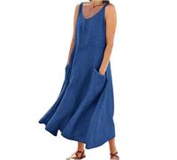 Women's Sleeveless Cotton and Linen Dress, (S-5XL) Plus Size Loose Casual Dresses Cotton with Pockets, Elegant Flowy (Blau,M)