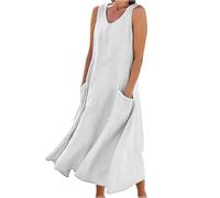 Women's Sleeveless Cotton and Linen Dress, (S-5XL) Plus Size Loose Casual Dresses Cotton with Pockets, Elegant Flowy (Weiß,M)