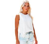 Women's Sleeveless Eyelet Lace Tank Top Casual Summer Loose Fit Round Neck Blouse with Side Slits Black Geometric Pattern Shirt for Ladies