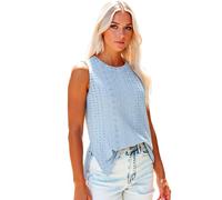 Women's Sleeveless Eyelet Lace Tank Top Casual Summer Loose Fit Round Neck Blouse with Side Slits Black Geometric Pattern Shirt for Ladies