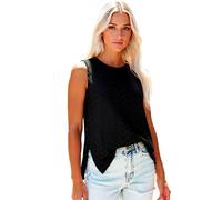 Women's Sleeveless Eyelet Lace Tank Top Casual Summer Loose Fit Round Neck Blouse with Side Slits Black Geometric Pattern Shirt for Ladies