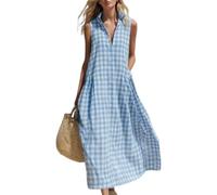 Women's Sleeveless Gingham Maxi Dress Causal Loose Button Down Long Dress (Blue,3XL)