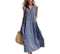 Women's Sleeveless Gingham Maxi Dress Causal Loose Button Down Long Dress (Navy Blue,XXL)