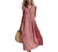 Women's Sleeveless Gingham Maxi Dress Causal Loose Button Down Long Dress (Red,L)