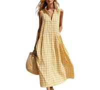 Women's Sleeveless Gingham Maxi Dress Causal Loose Button Down Long Dress (Yellow,M)