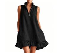 Women's Sleeveless Half Zipper Ruffle Hem Mini Dress, A-Line Short Summer Casual Boho Beach Sundress