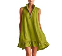Women's Sleeveless Half Zipper Ruffle Hem Mini Dress, A-Line Short Summer Casual Boho Beach Sundress