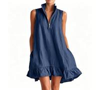 Women's Sleeveless Half Zipper Ruffle Hem Mini Dress, A-Line Short Summer Casual Boho Beach Sundress