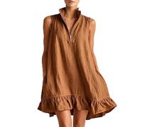 Women's Sleeveless Half Zipper Ruffle Hem Mini Dress, A-Line Short Summer Casual Boho Beach Sundress