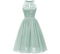 Women's Sleeveless Halter Illusion Neck Floral Lace Formal Dress Vintage 50s 60s Retro Backless Wedding Bridesmaid Cocktail Party Prom Chiffon Pleated A Line Midi Dresses Light Green Small
