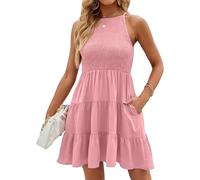 Women's Sleeveless Halter Neck Tiered Ruffle Dress Summer Casual Swing Midi Dress with Pockets Black Flowy Beach Vacation Sundress for Ladies