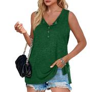 Women's Sleeveless Henley Tank Top V-Neck Button Down Loose Fit Casual Summer tee with Side Slit Soft Cotton Blend Shirt for Daily Wear