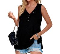 Women's Sleeveless Henley Tank Top V-Neck Button Down Loose Fit Casual Summer tee with Side Slit Soft Cotton Blend Shirt for Daily Wear