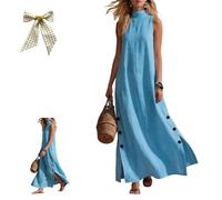 Women's Sleeveless High Neck Side Slit Button Maxi Dress,Summer Loose Mock Neck Long Dress,Solid Color Vacation Sundress (FR/ES, Letras, XXL, Regular, Regular, Blue)