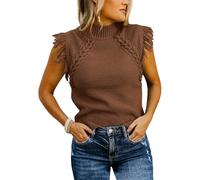 Women's Sleeveless Knit Top Mock Neck Fringe Detail Cable Knit Vest Casual Summer Fall Fashion Tank Top for Daily Wear Party Club Night out