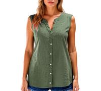 Women's Sleeveless Linen Button Down Shirt V Neck Casual Loose Tank Top Summer Beach Blouse Khaki Lightweight Breathable Cotton Blend Tunic for Vacation