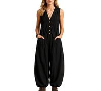Women's Sleeveless Linen Cotton Jumpsuit V Neck Button Down Loose Fit Casual Summer Romper with Pockets Beach Vacation Outfit Black