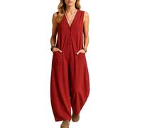 Women's Sleeveless Linen Cotton Jumpsuit V Neck Button Down Loose Fit Casual Summer Romper with Pockets Beach Vacation Outfit Black