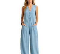 Women's Sleeveless Linen Cotton Jumpsuit V Neck Button Down Loose Fit Casual Summer Romper with Pockets Beach Vacation Outfit Black