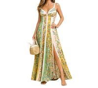 Women's Sleeveless Maxi Dress Deep V Neck Backless High Waist Floral Summer Party Dress(L)