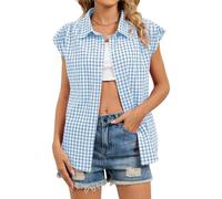 Women's Sleeveless Plaid Shirt Green Gingham Button Down Top Summer Casual Loose Fit Blouse Vacation Beach Outwear with Rolled Cuffs