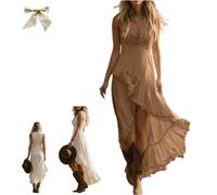 Womens Sleeveless Ruffle Asymmetric Hem Maxi Dress Deep V Neck Front Tiered Ruffle Sundress,Flowy Irregular Ruffle Long Dress (FR/ES, Letras, S, Regular, Regular, Caramel)