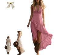 Womens Sleeveless Ruffle Asymmetric Hem Maxi Dress Deep V Neck Front Tiered Ruffle Sundress,Flowy Irregular Ruffle Long Dress (FR/ES, Letras, M, Regular, Regular, Pink)