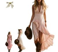 Womens Sleeveless Ruffle Asymmetric Hem Maxi Dress Deep V Neck Front Tiered Ruffle Sundress,Flowy Irregular Ruffle Long Dress (FR/ES, Letras, XXL, Regular, Regular, Pink1)