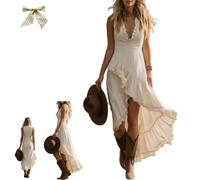 Womens Sleeveless Ruffle Asymmetric Hem Maxi Dress Deep V Neck Front Tiered Ruffle Sundress,Flowy Irregular Ruffle Long Dress (FR/ES, Letras, XL, Regular, Regular, Apricot)