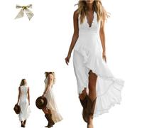 Womens Sleeveless Ruffle Asymmetric Hem Maxi Dress Deep V Neck Front Tiered Ruffle Sundress,Flowy Irregular Ruffle Long Dress (FR/ES, Letras, XL, Regular, Regular, White)