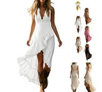 Women's Sleeveless Ruffle Asymmetric Hem Maxi Dress Deep V Neck Front Tiered Ruffle Sundresses,Summer Boho Western Maxi Dress (FR/ES, Letras, S, Regular, Regular, White)