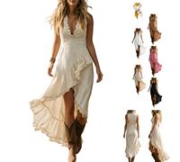 Women's Sleeveless Ruffle Asymmetric Hem Maxi Dress Deep V Neck Front Tiered Ruffle Sundresses,Summer Boho Western Maxi Dress (FR/ES, Letras, S, Regular, Regular, Beige)