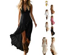 Women's Sleeveless Ruffle Asymmetric Hem Maxi Dress Deep V Neck Front Tiered Ruffle Sundresses,Summer Boho Western Maxi Dress (FR/ES, Letras, M, Regular, Regular, Black)
