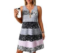 Womens Sleeveless Striped Tank Dress with V Neck Button Detail Casual Summer Swing Short Dress Boho Beach Vacation Loose Fit Sundress for Women