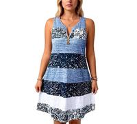 Womens Sleeveless Striped Tank Dress with V Neck Button Detail Casual Summer Swing Short Dress Boho Beach Vacation Loose Fit Sundress for Women
